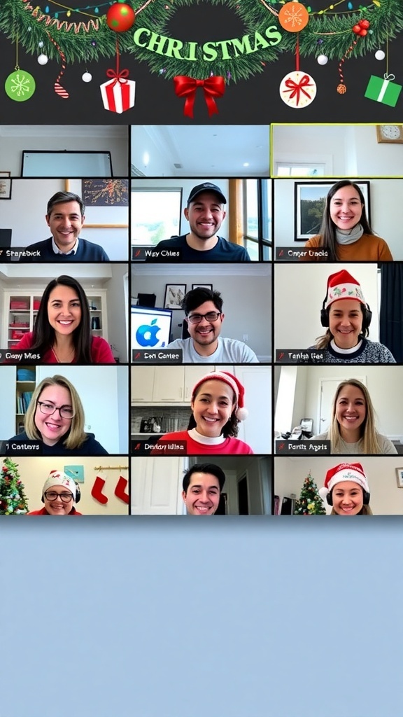 A Zoom meeting with team members enjoying Christmas games, decorated for the holiday season.